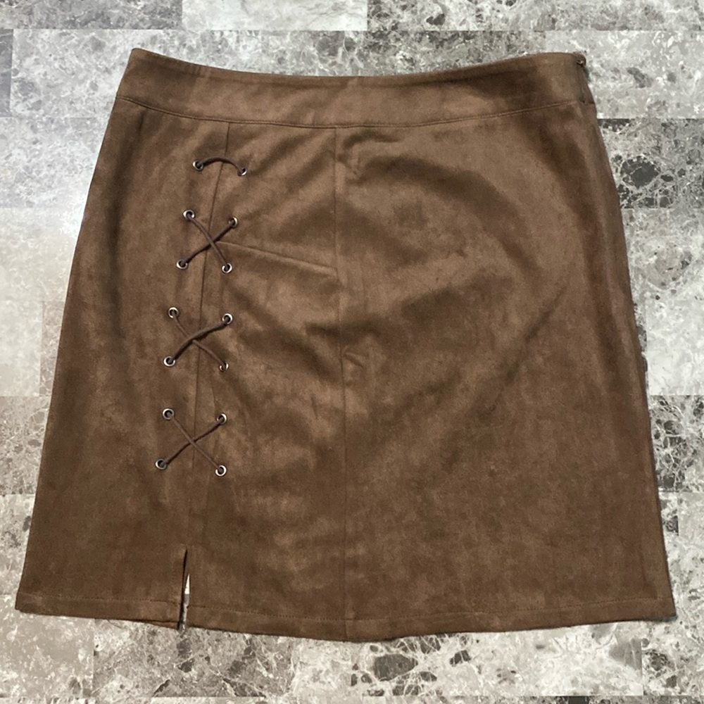Faux Suede Brown Lace Up Skirt - Size Extra Large